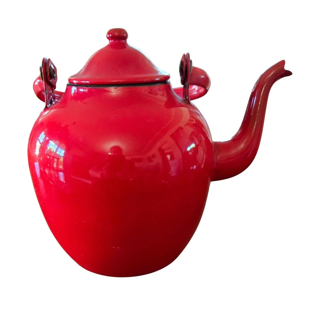 Vintage Emo Celje Red Enamel Teapot Yugoslavia Retro Mid Century Retro, Stamped